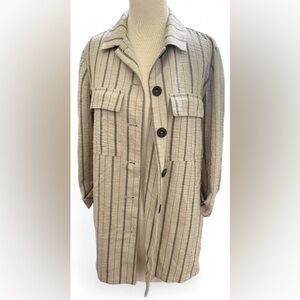 NYCC Beige Striped Button-Up Coat Jacket Women’s Size M Front Pocket Lightweight
